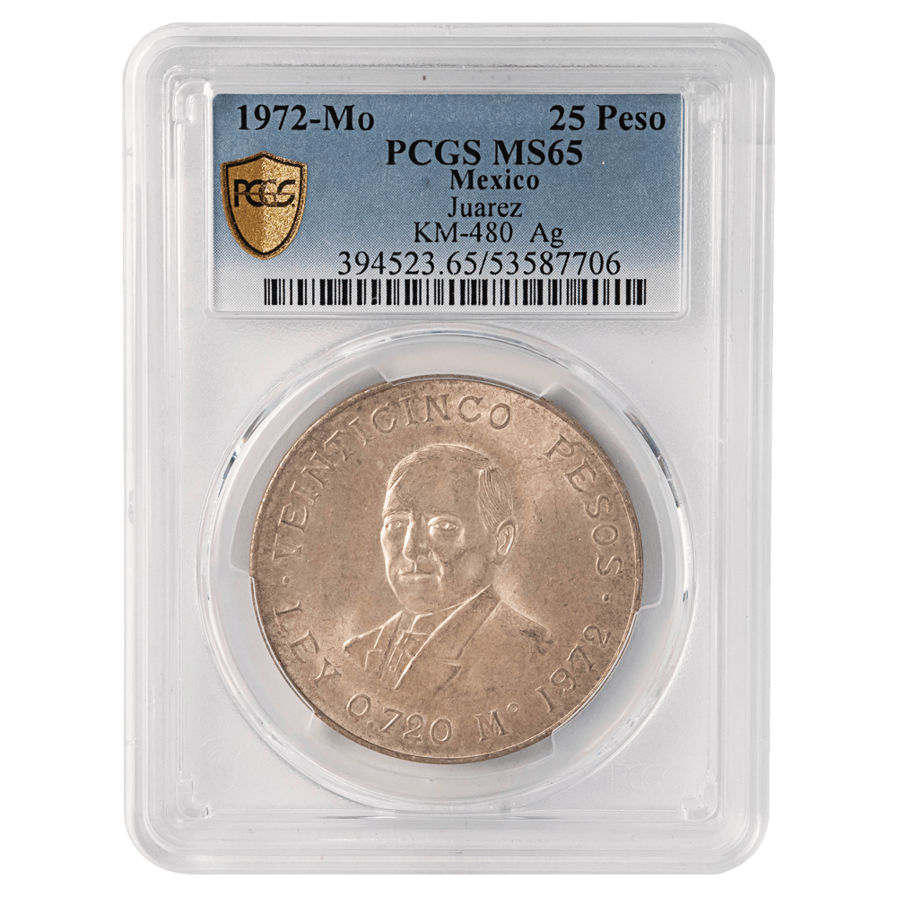 1972-Mo Mexico Juárez 25 Pesos Silver Coin PCGS MS65 – Gold