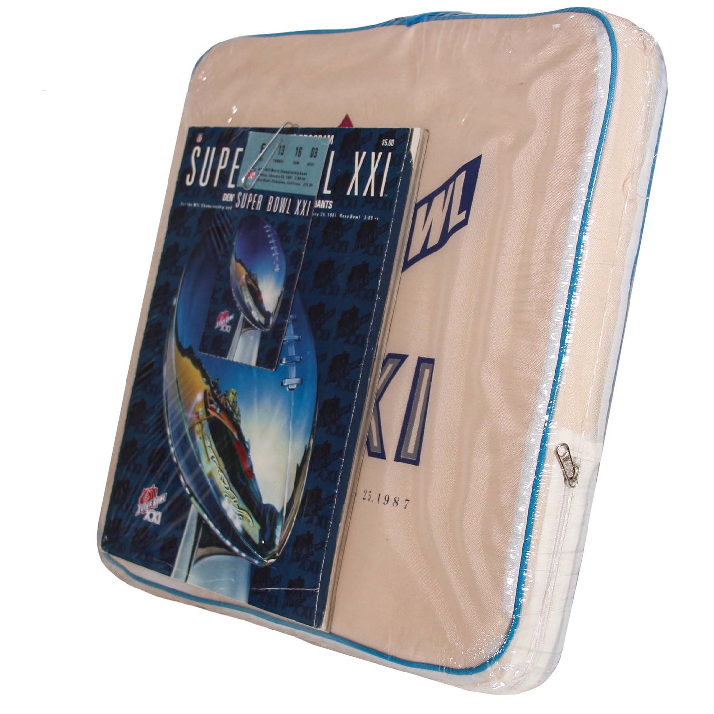 Superbowl XXI Program, Ticket and Seat Cushion G S Pawn