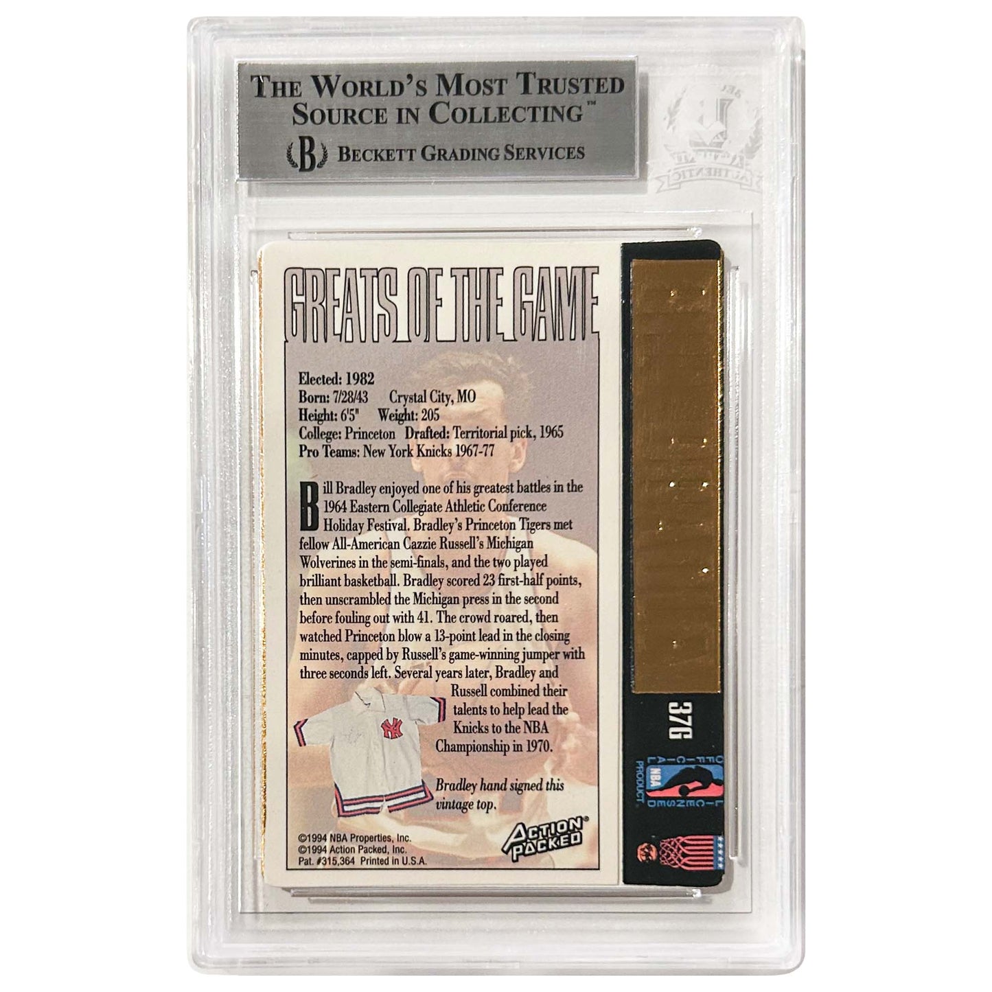 Bill Bradley Autographed "Action Packed Hall of Fame" Card Gold & Silver Pawn Shop