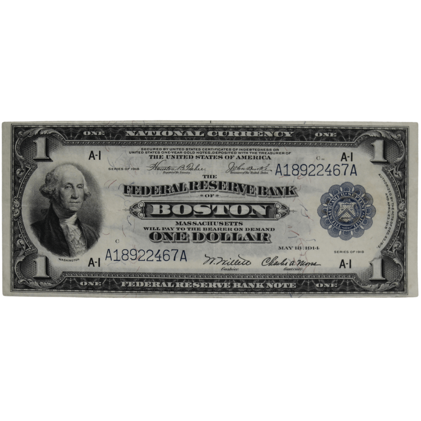 1918 The Federal Reserve Bank Boston $1 Gold & Silver Pawn Shop