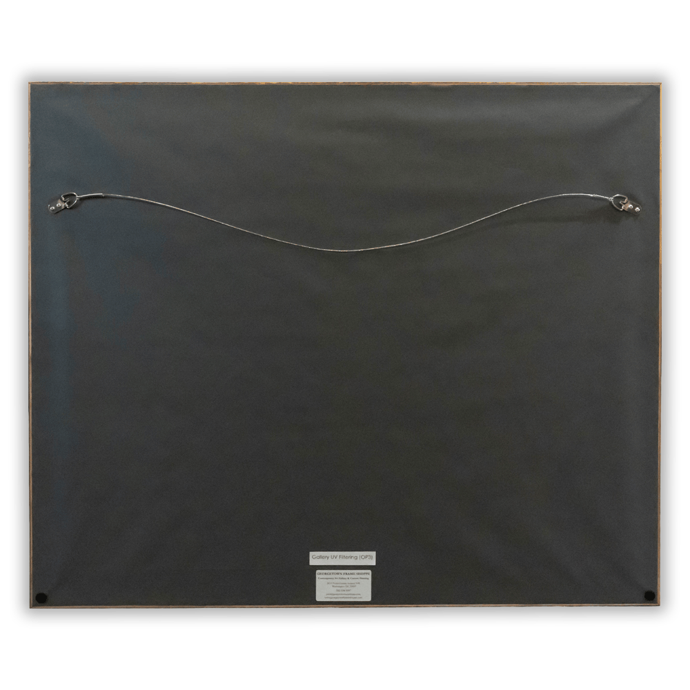 Rear view of framed La Corrida from Picasso showing black dust cover and picture wire