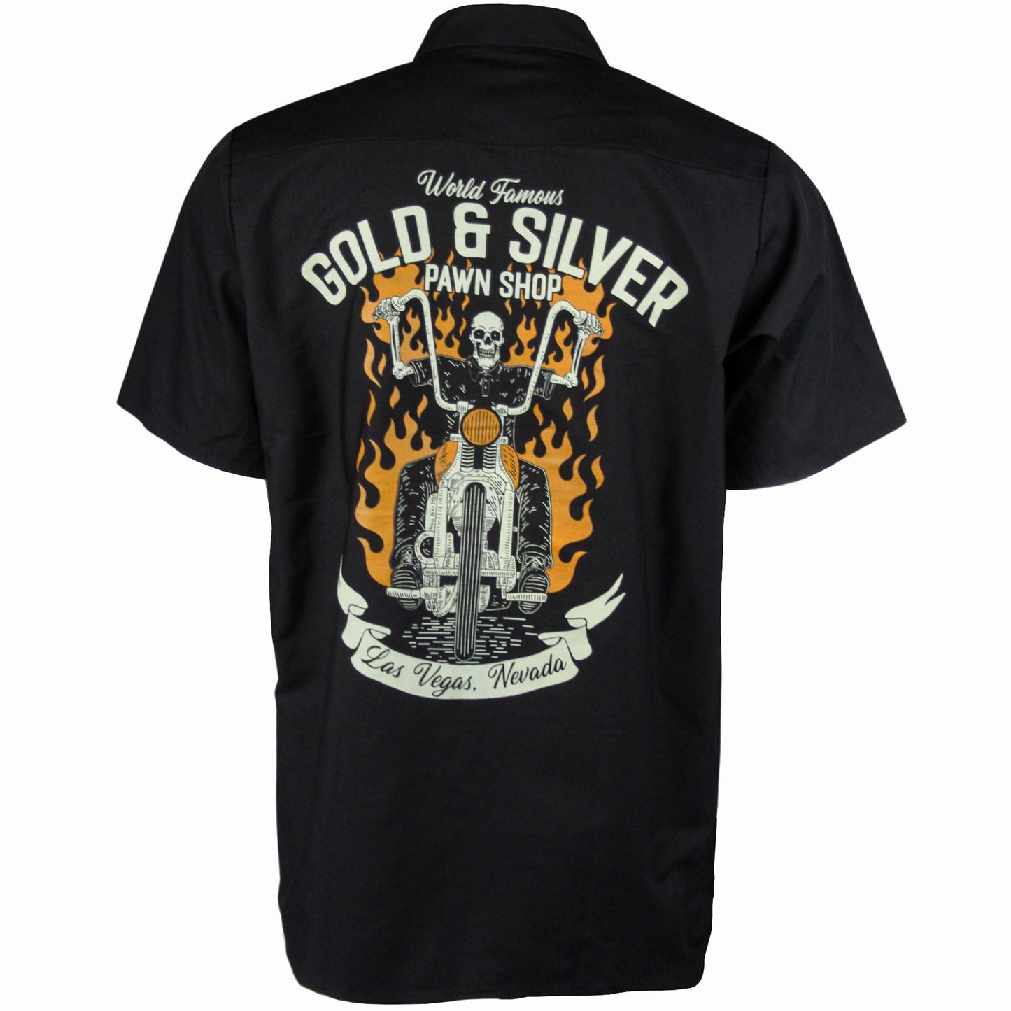 GSP Collared Button Up Skeleton On Motorcycle T-Shirt Gold & Silver Pawn Shop
