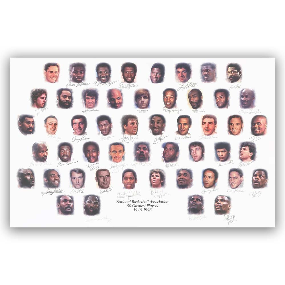 Multi Signed NBA 50 Greatest Players 1946-1996 – Gold & Silver