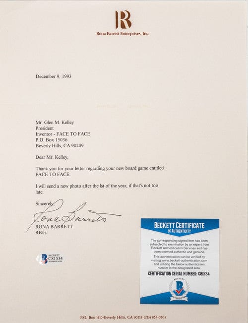 Face to Face Board Game Celebrity Autograph-Rona Barrett G S Pawn