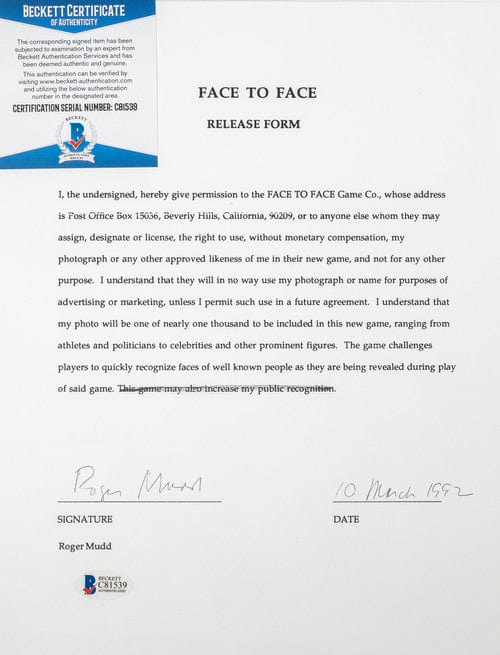 Face to Face Board Game Celebrity Autograph-Roger Mudd G S Pawn