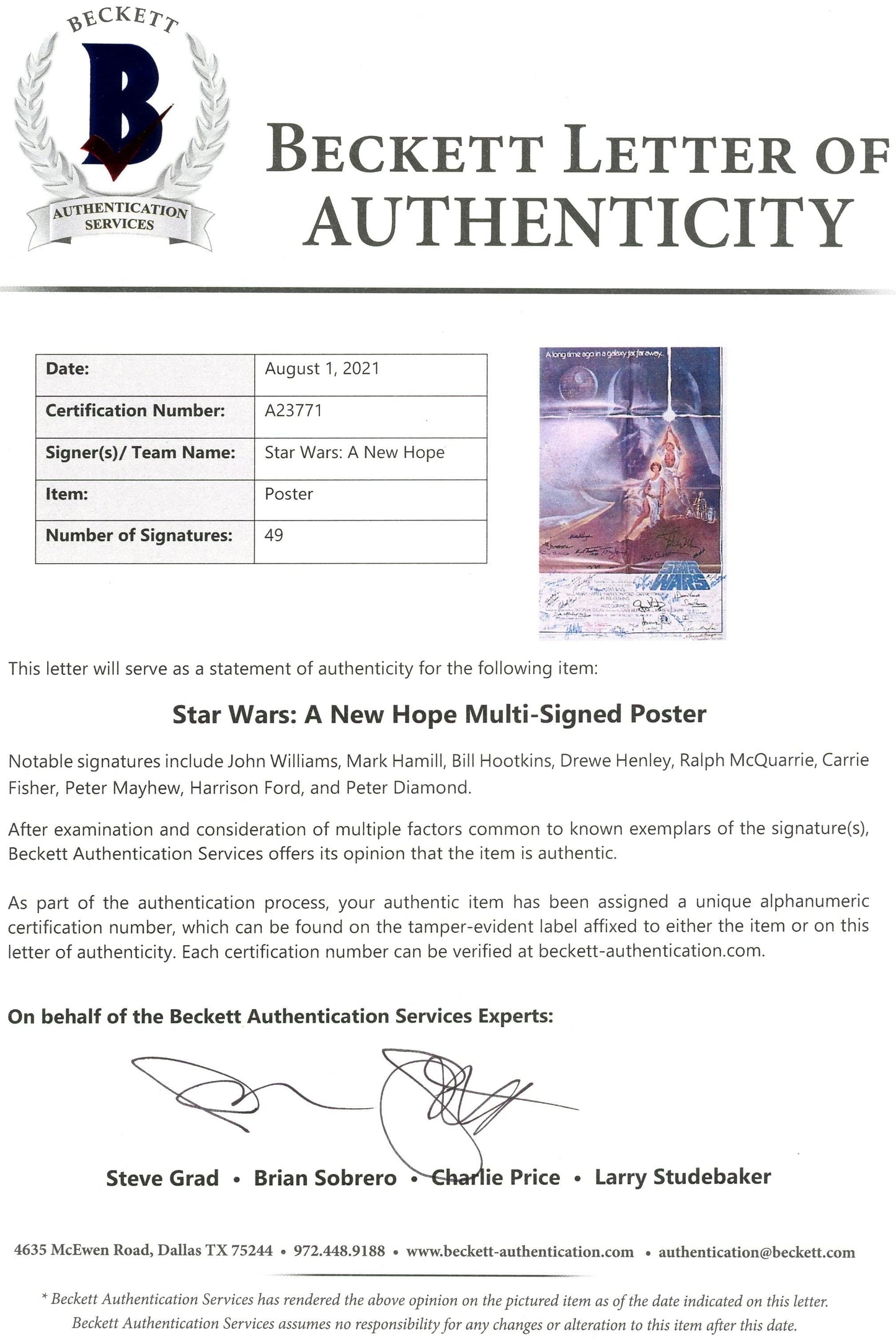 Star Wars: Episode IV- A new Hope, Original Hand Signed Poster, 1977 Art Gold & Silver Pawn Shop