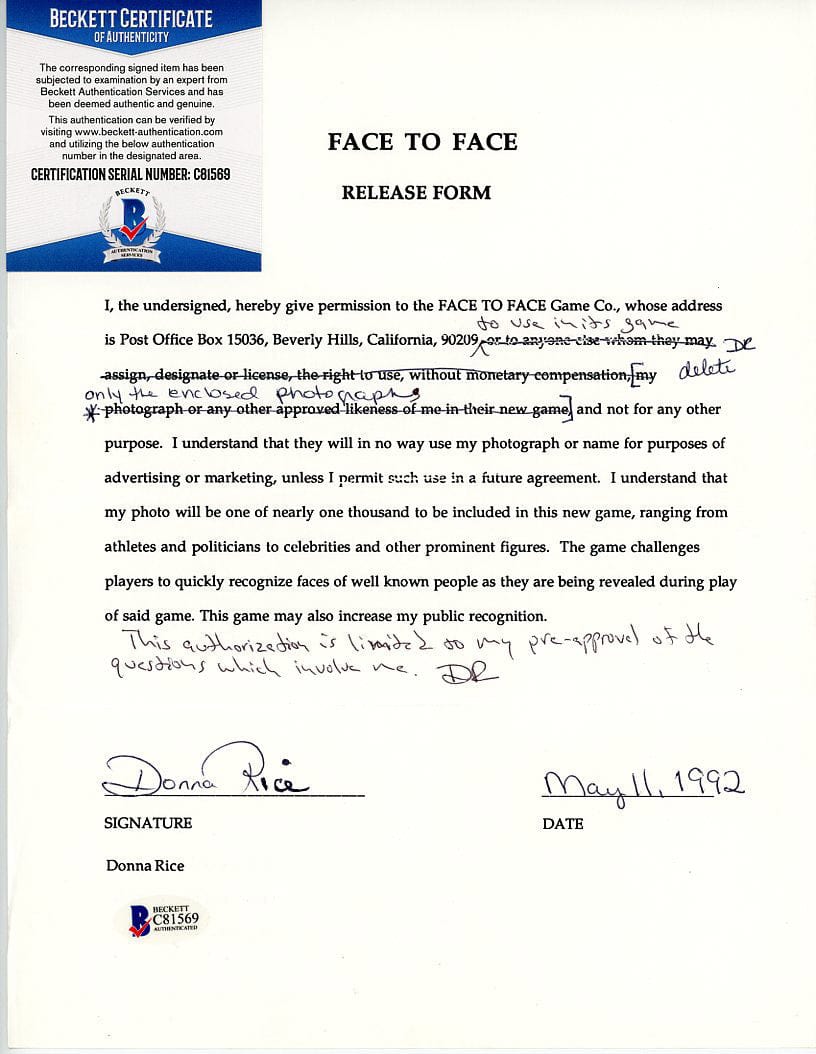 Face to Face Board Game Celebrity Autograph - Donna Rice G S Pawn