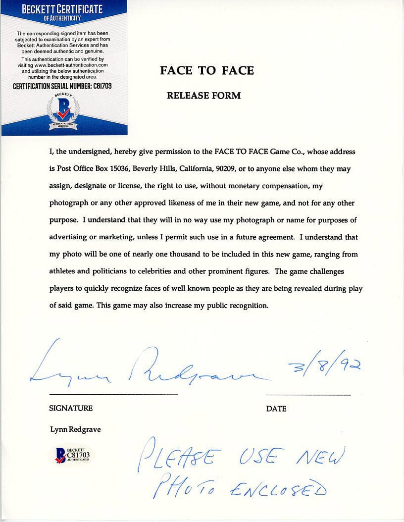 Face to Face Board Game Celebrity Autograph - Lynn Redgrave G S Pawn