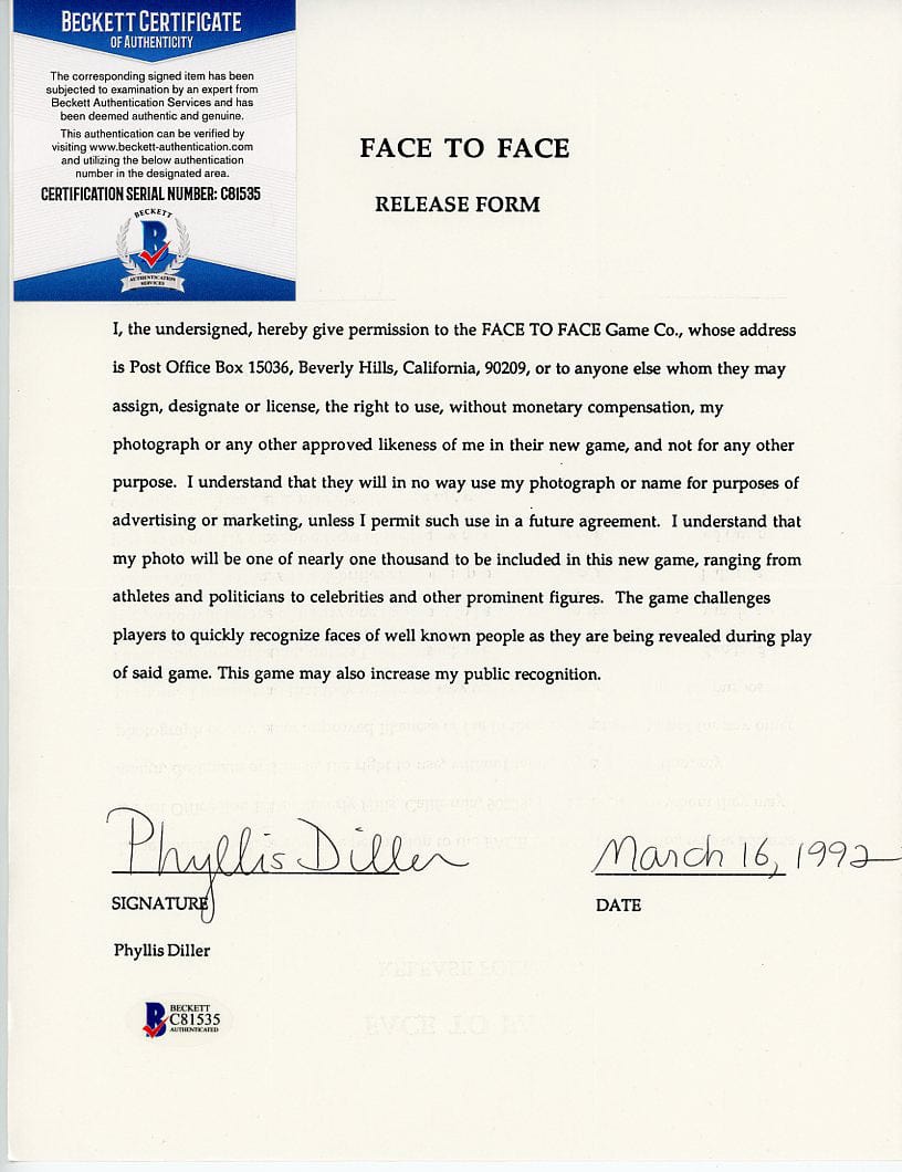 Phyllis Diller Autograph - Face to Face G S Pawn