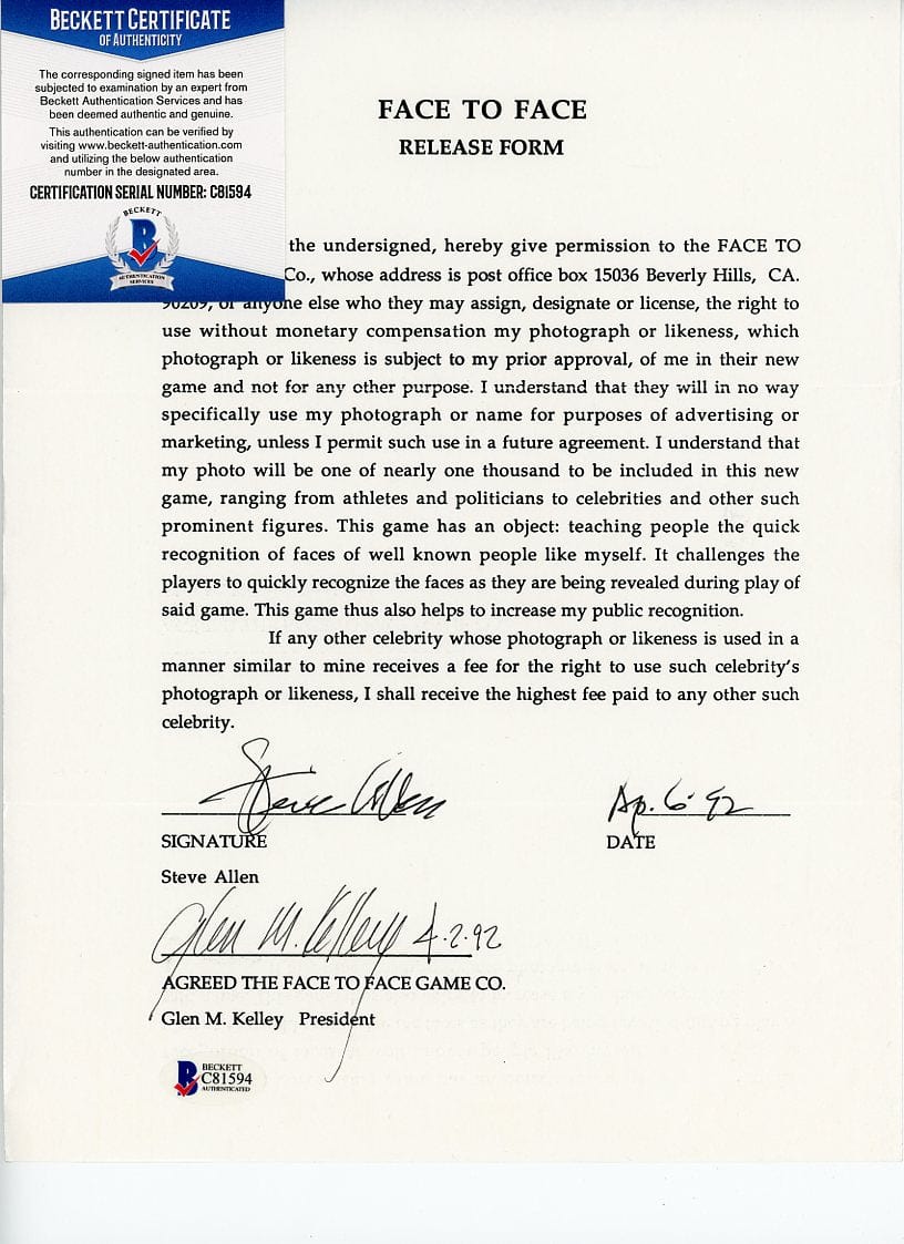 Face to Face Board Game Celebrity Autograph - Steve Allen G S Pawn