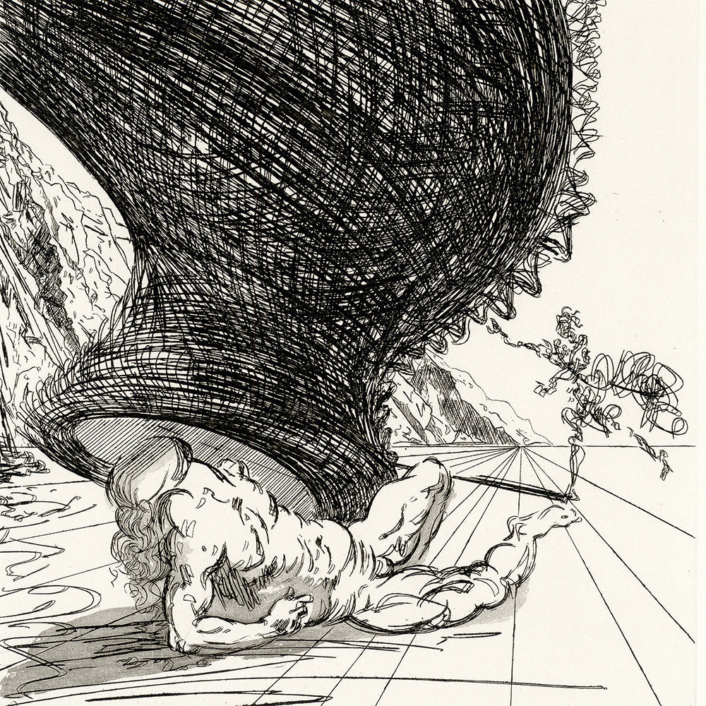 Le Château d'Otrante Collection Cover Image of line etching of man being crushed by a giant helmet falling from the sky