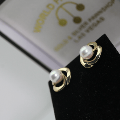 14K Yellow Gold Pearl Studded Earrings Extra View 1