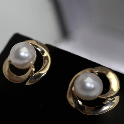 14K Yellow Gold Pearl Studded Earrings Left View Zoomed