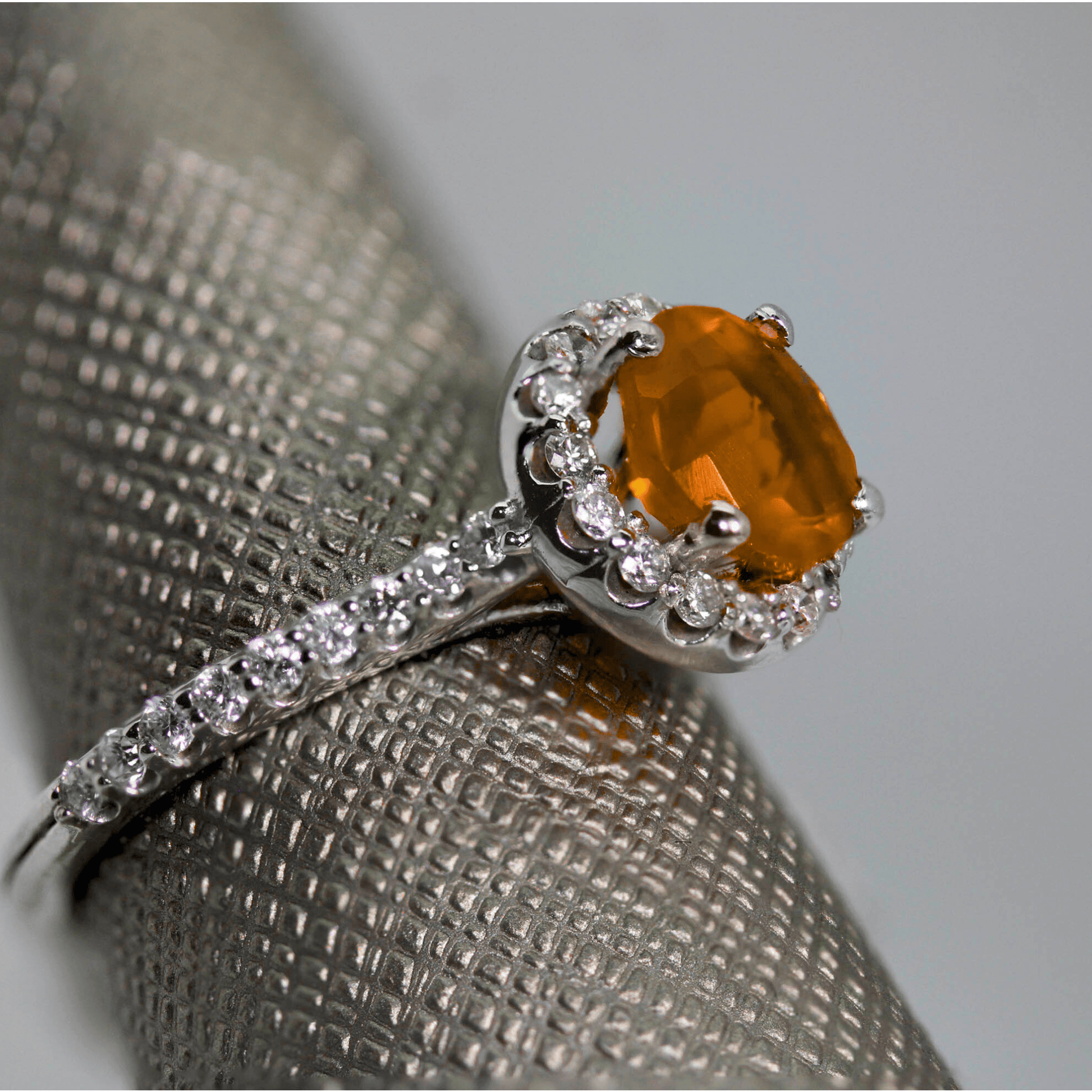 14K Round Orange Diamond Halo Ring Angled Right