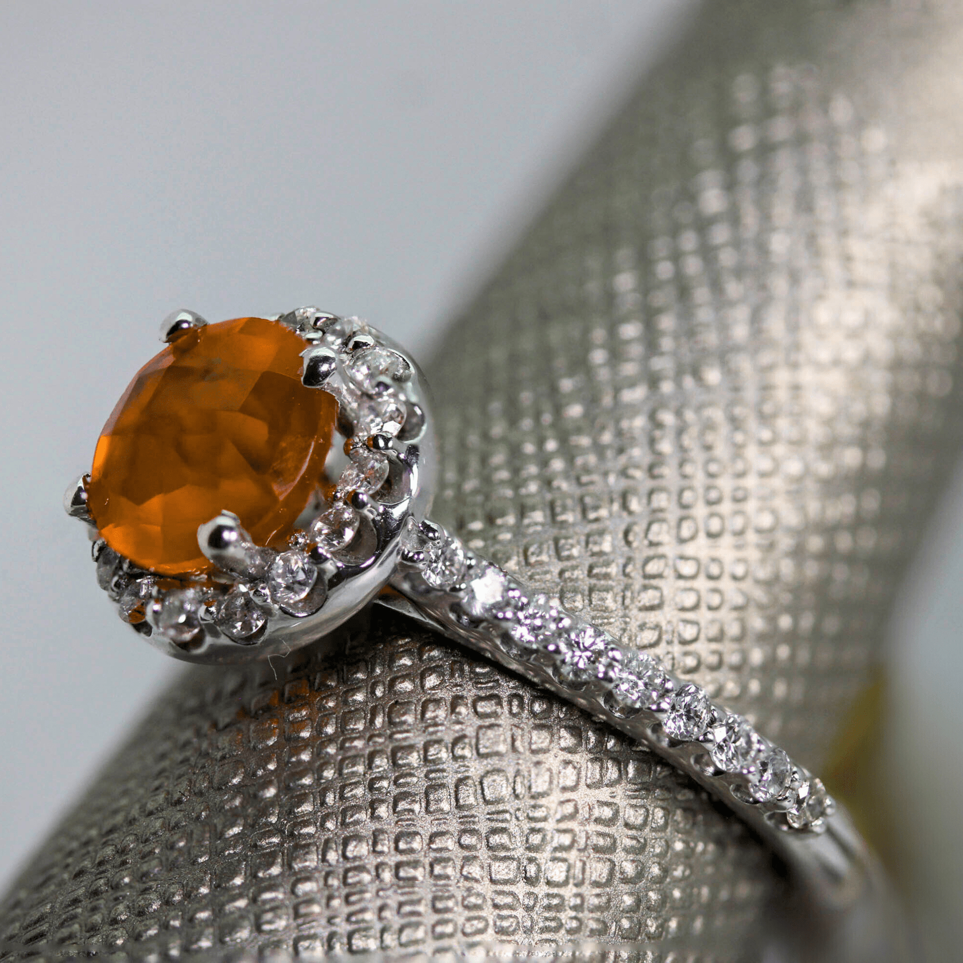 14K Round Orange Diamond Halo Ring Angled Left