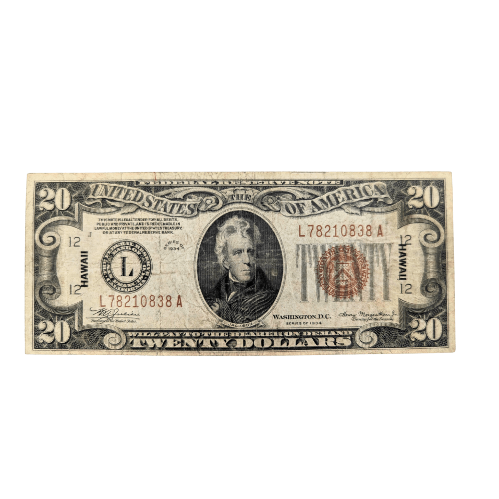 1934 US $20 Hawaii Emergency Note Front View