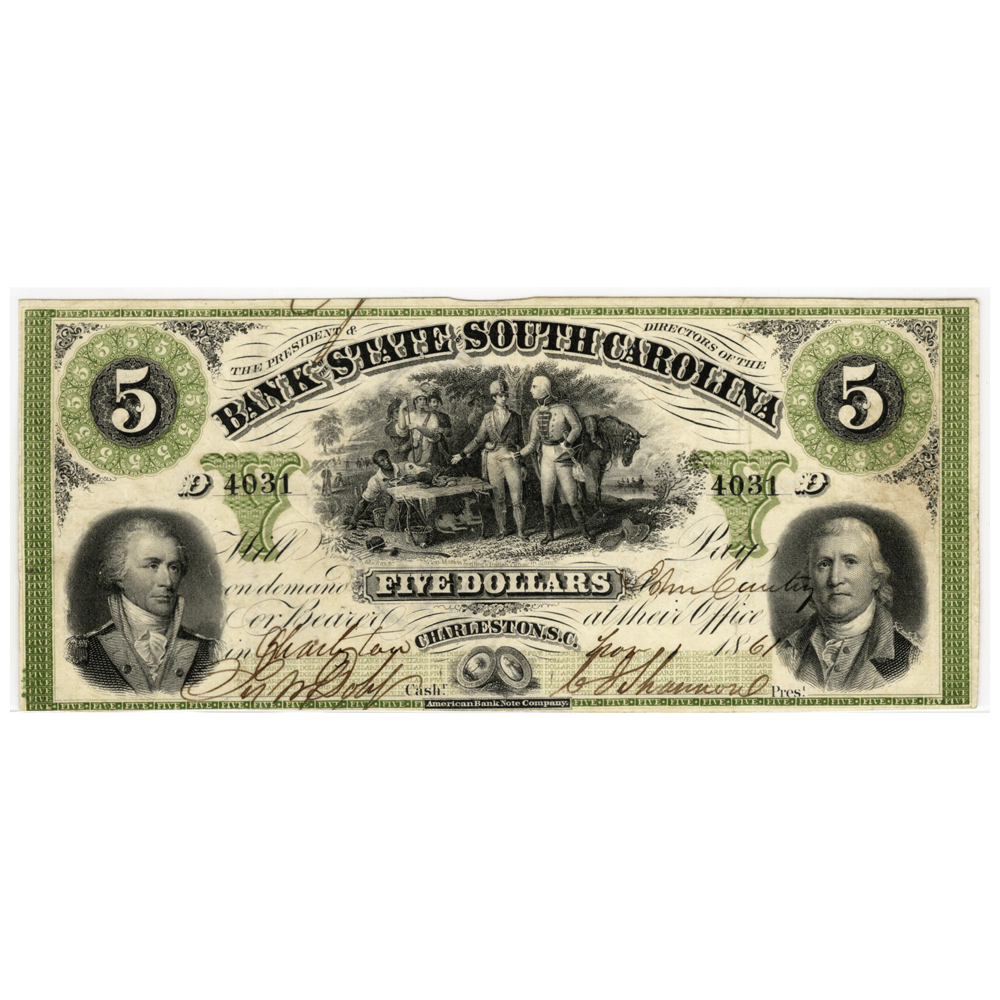 1861 $5 Bank of the State of South Carolina in Charleston Note Gold & Silver Pawn Shop