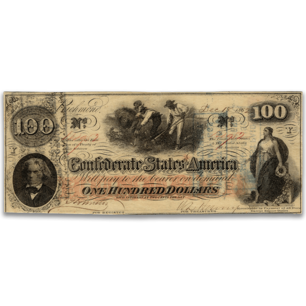 1862 Confederate States of America $100 "Calhoun" Gold & Silver Pawn Shop
