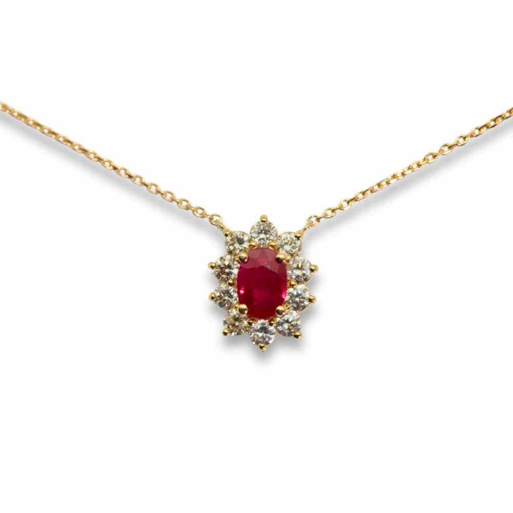 18K Yellow Gold 2.3G Diamond Ruby Pendant Necklace