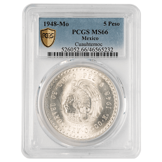 1948-Mo Mexico 5 Pesos Cuauhtémoc Silver Coin PCGS MS66
Gold & Silver Pawn Shop