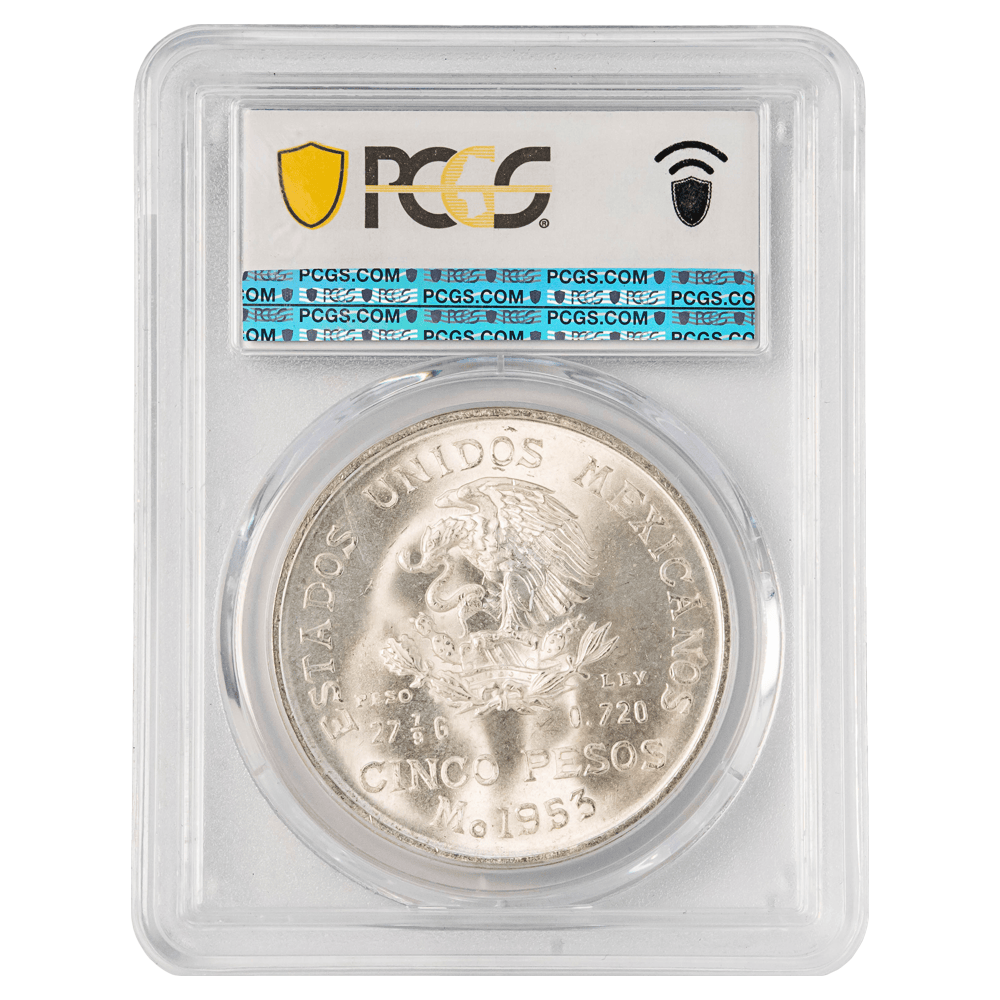 1953-Mo Mexico Hidalgo 5 Pesos Silver Coin PCGS MS64 – Gold