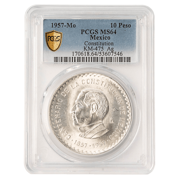 1957年 メキシコ 10ペソ銀貨　未使用 1957-Mo Mexico 10 Pesos Silver Coin PCGS MS64 – Gold & Silver Pawn