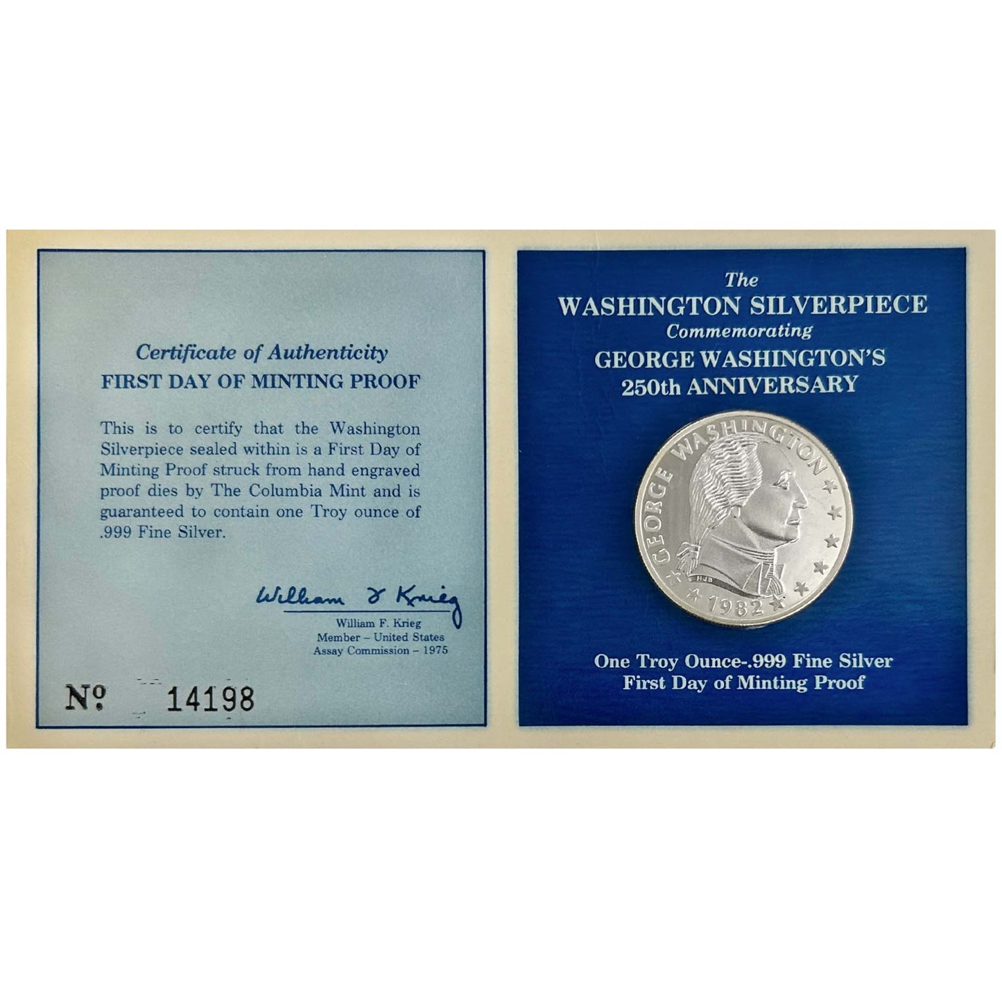 1982 Columbia Mint George Washington 1oz .999 Fine Silver Text