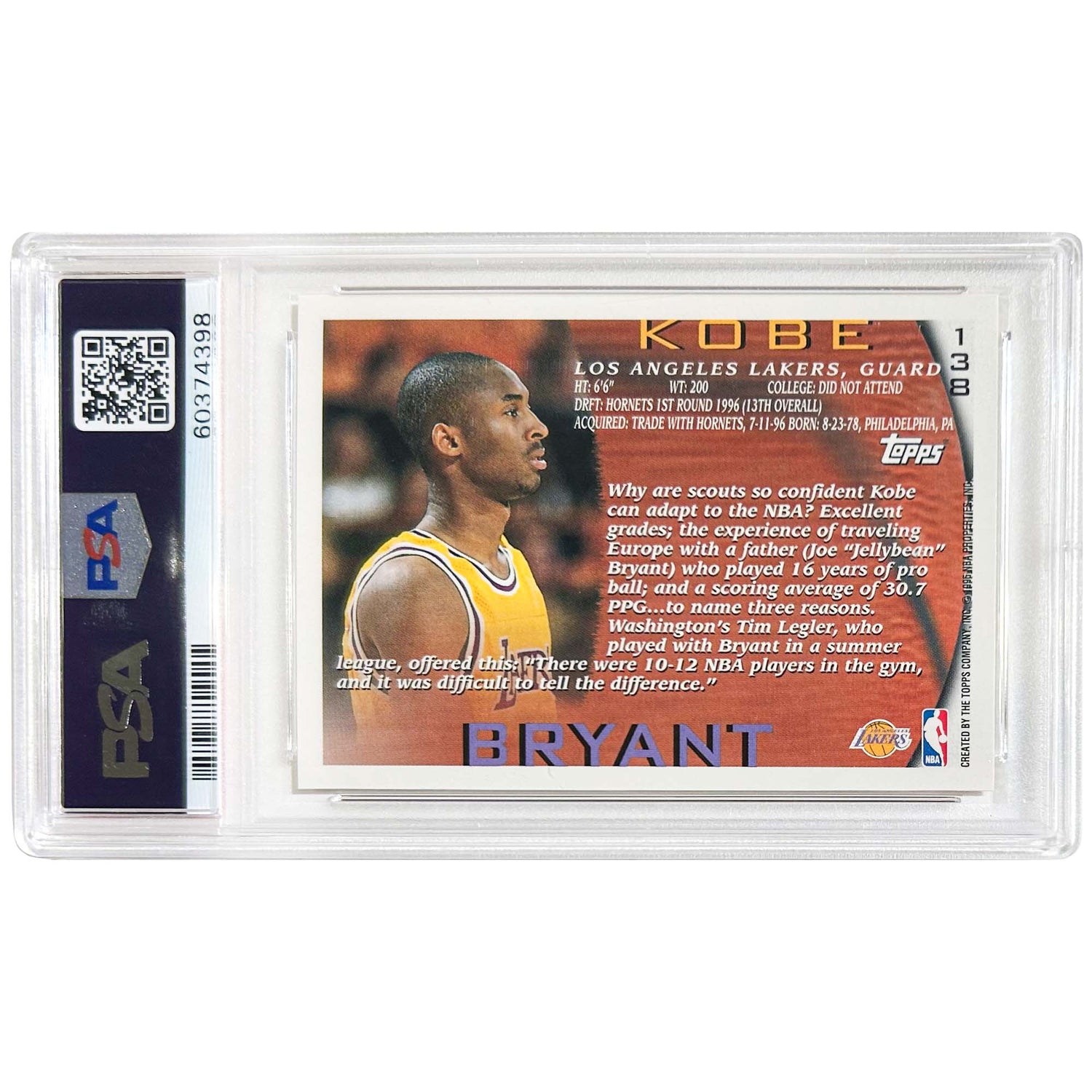 1996 Topps Kobe Bryant Gem MT 10 Card Graded PSA Back