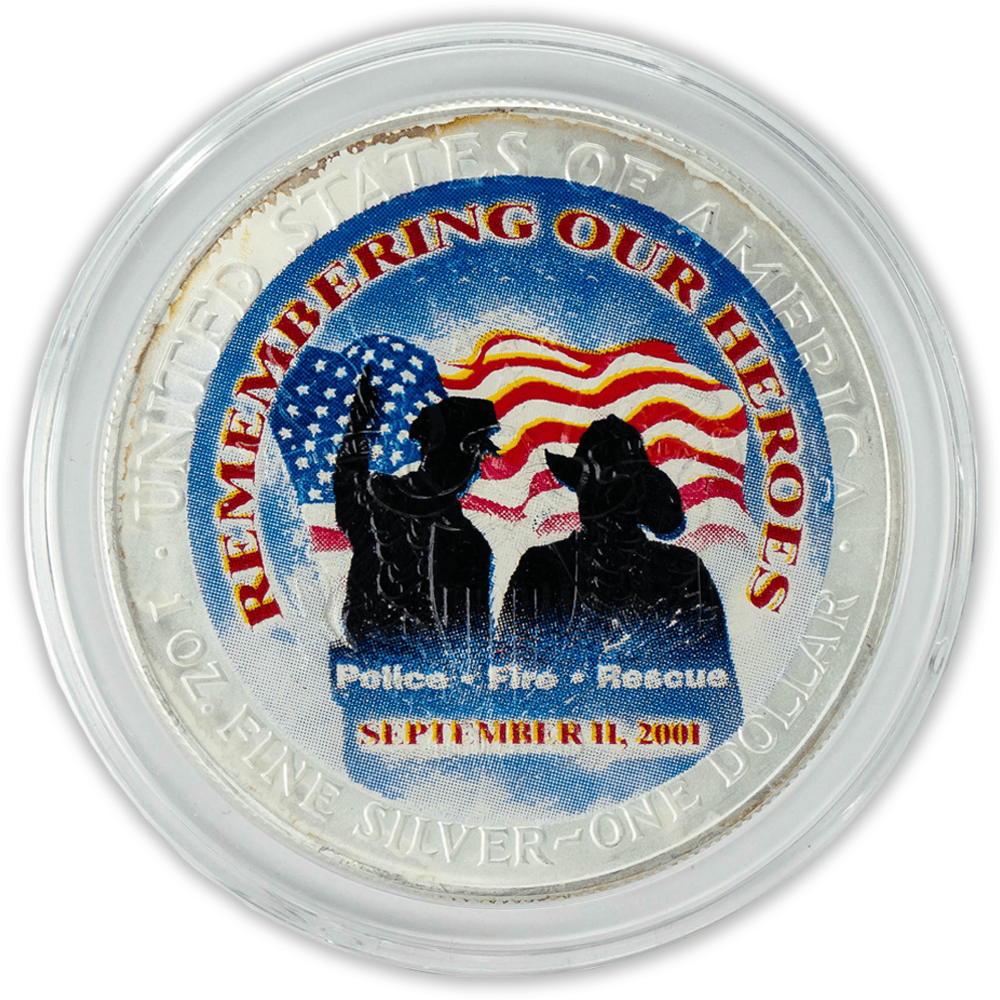 Colorized 2001 Remember Our Heroes Silver Eagle 1oz coin Gold & Silver Pawn Shop