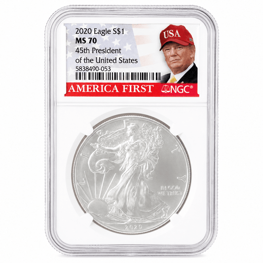2020 American Silver Eagle $1 NGC MS70 "America First" Trump Label Gold & Silver Pawn Shop 2020