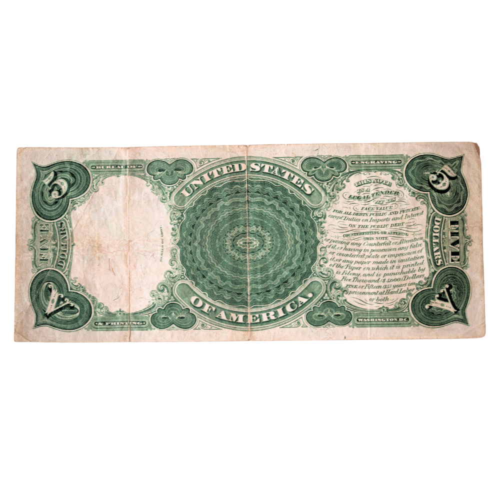 1863 US American $5 Federal Reserve Note Rear View