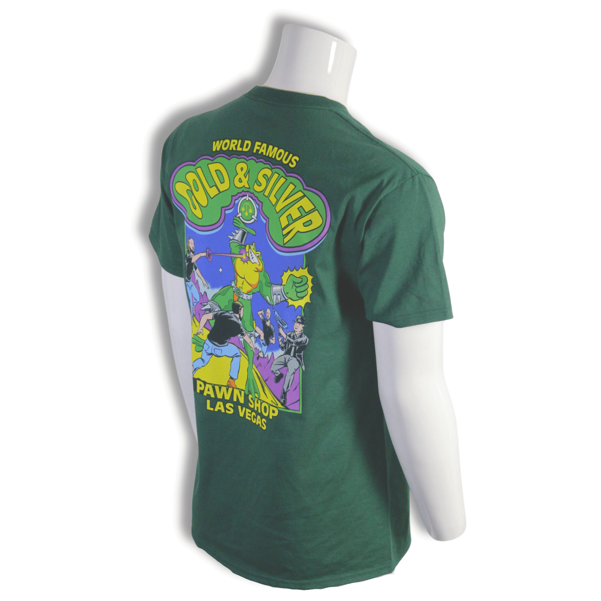 Gold & Silver Battle Toads Tshirt Green Rear Angled 