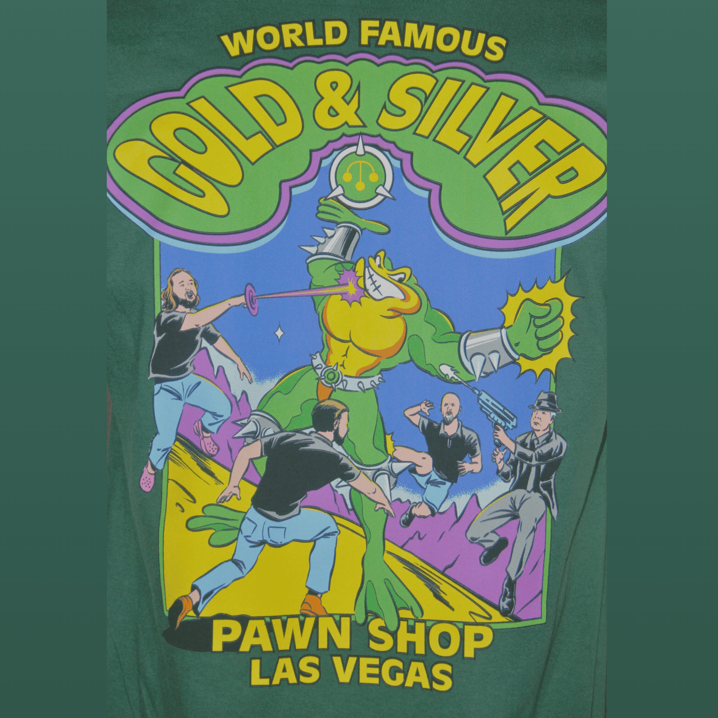 Gold & Silver Battle Toads Tshirt Green Design Close Up