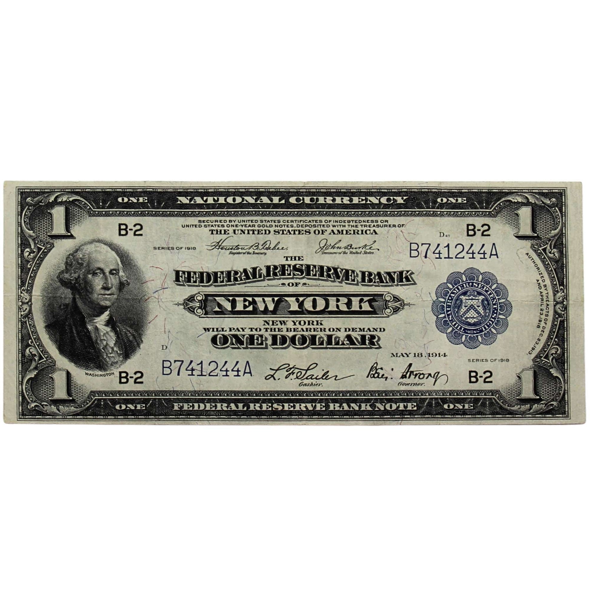 1914 US American $1 Federal Reserve New York Note  Front