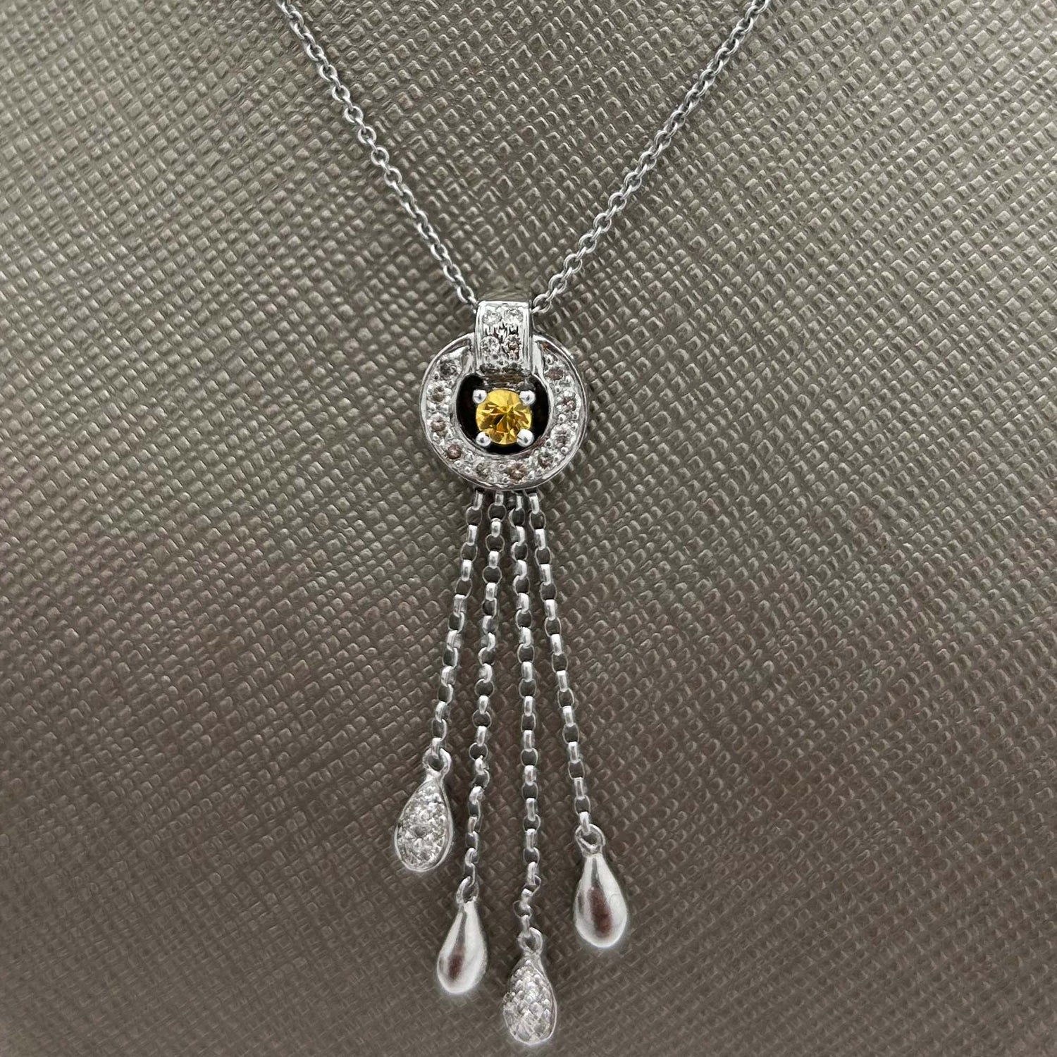 14K White Gold Diamond & Yellow Sapphire Tassel Slider Pendant Front