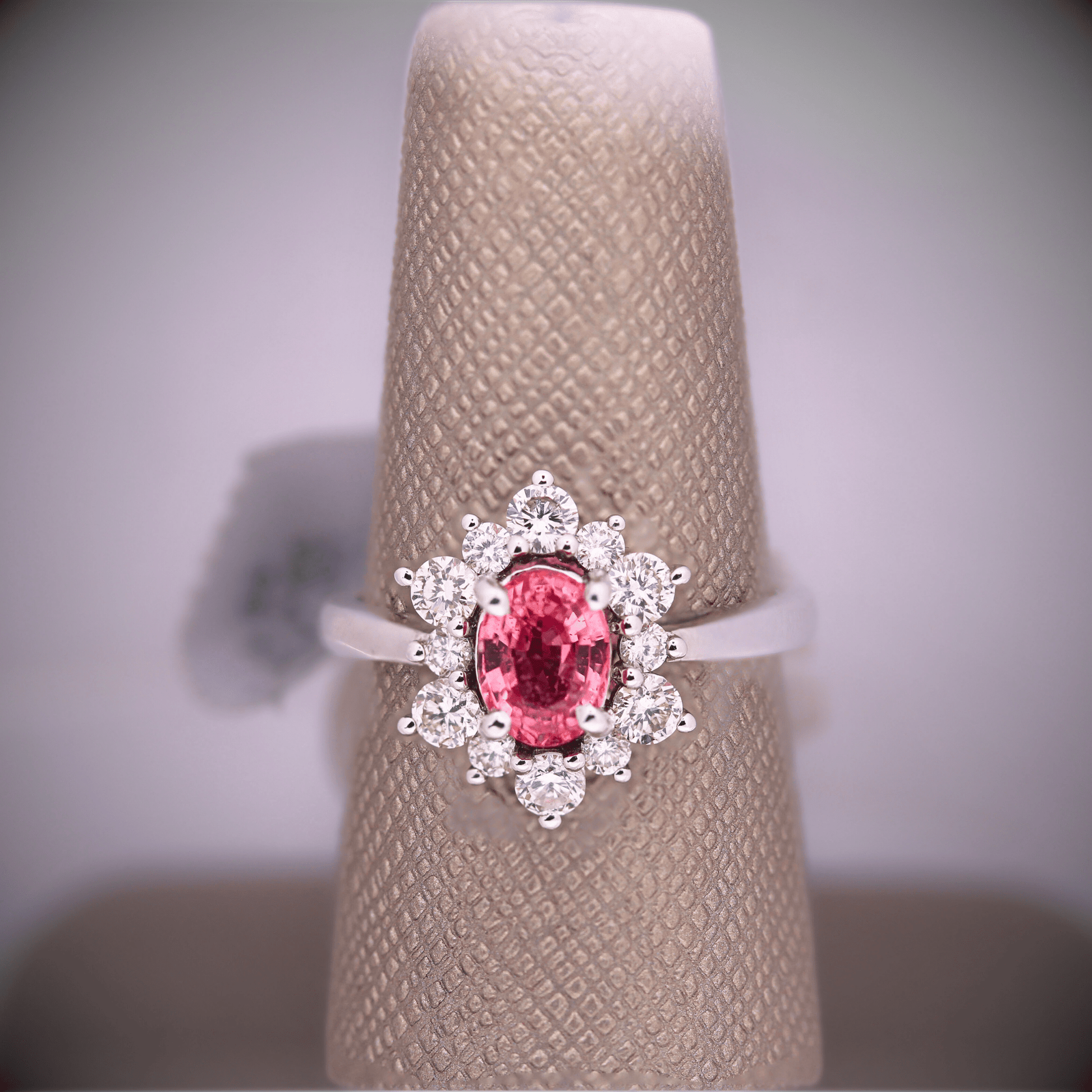 Padparadscha Sapphire and Diamond Ring 14K Front Display View Zoomed