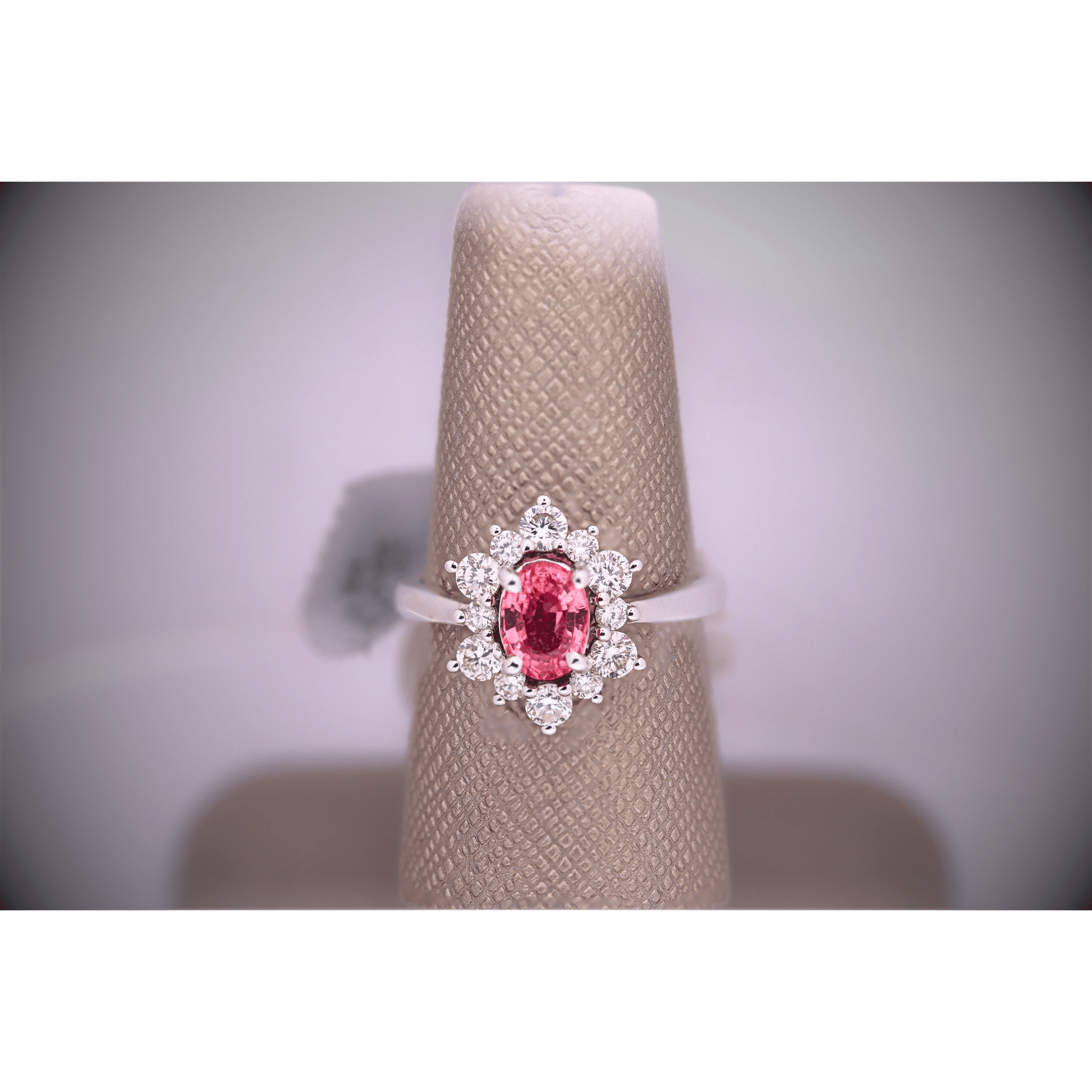 Padparadscha Sapphire and Diamond Ring 14K Front Display View