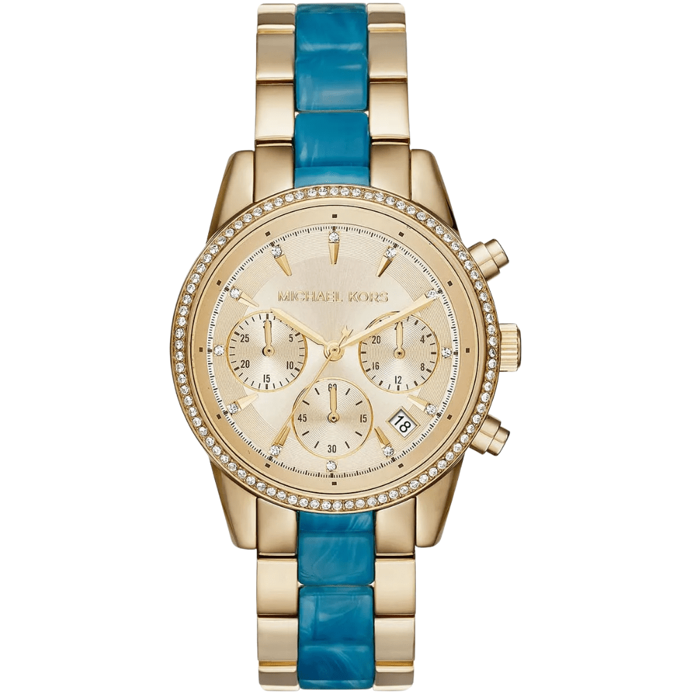 Michael Kors Diamond Case With Two-Tone Blue & Gold Strap Gold & Silver Pawn Shop