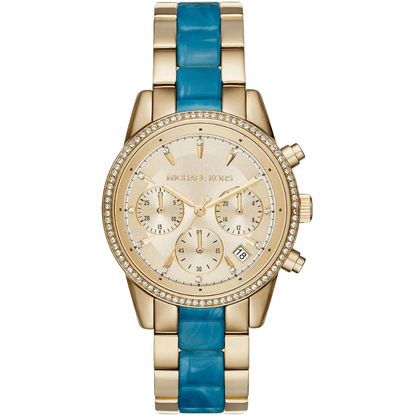 Michael Kors Diamond Case With Two-Tone Blue & Gold Strap Gold & Silver Pawn Shop