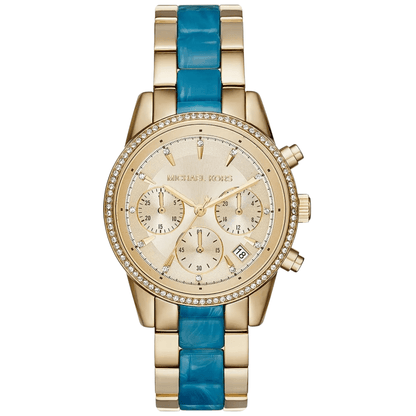 Michael Kors Diamond Case With Two-Tone Blue & Gold Strap Gold & Silver Pawn Shop