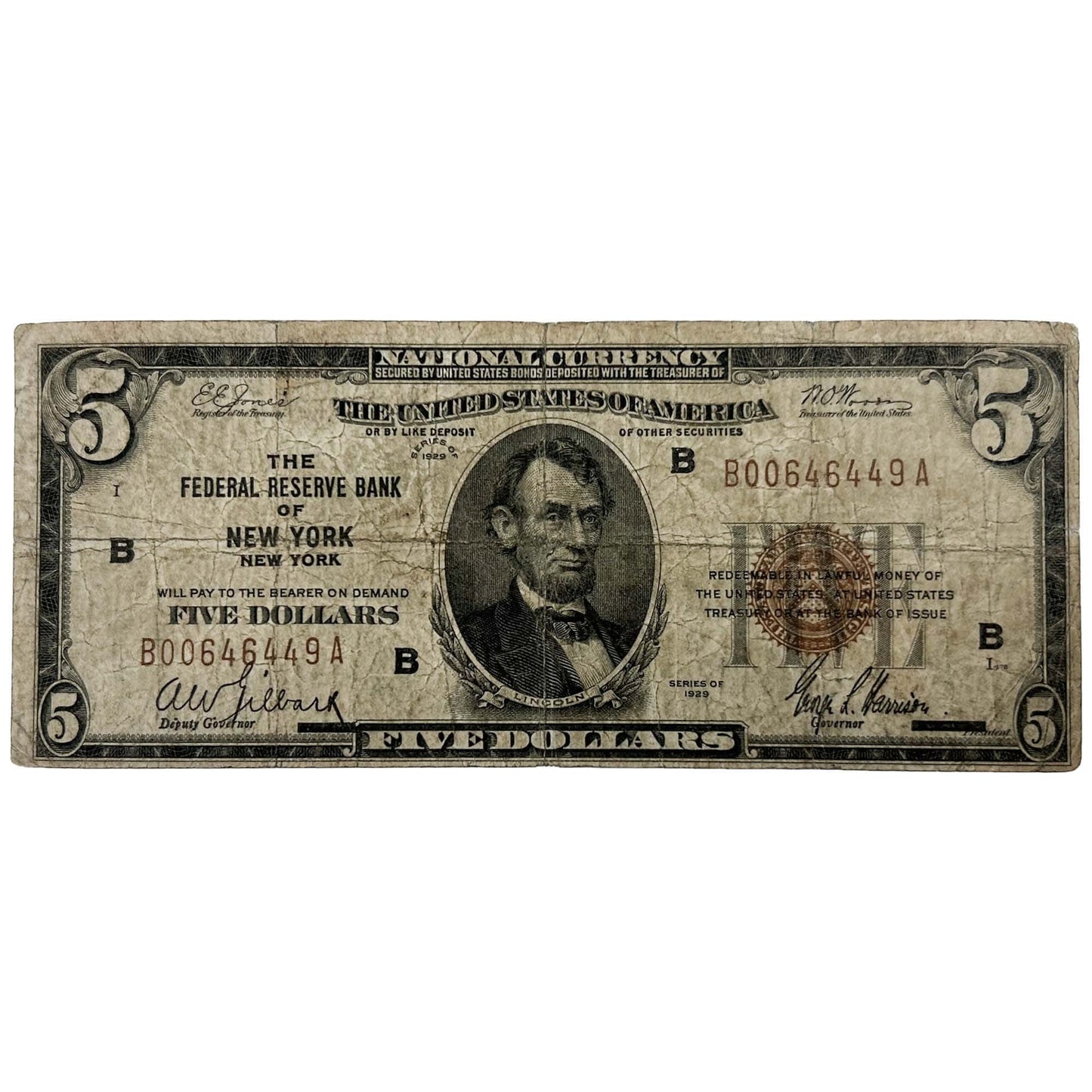 1929 New York Federal Reserve Note $5 ZOOM