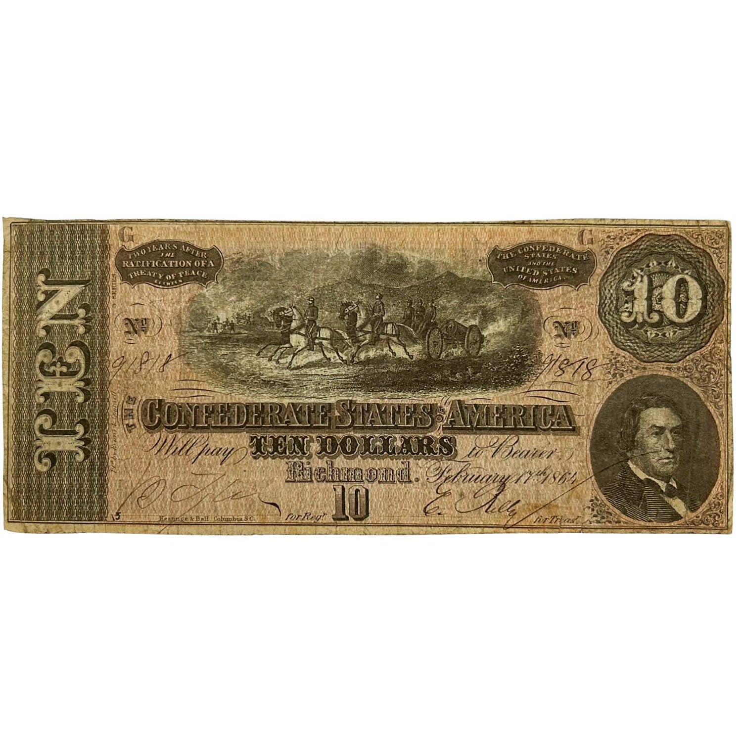1864 Confederate States of America $10 Federal Reserve Note Front