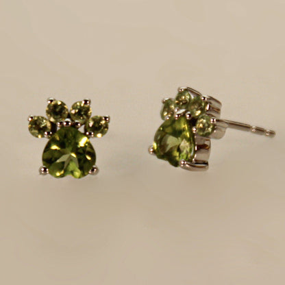 14K White Gold Dog Paw Green Gem Stone Earrings Side Display View