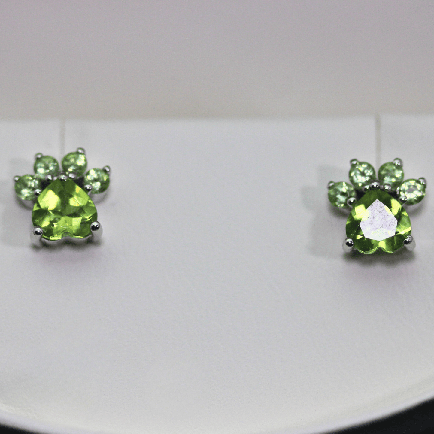 14K White Gold Dog Paw Green Gem Stone Earrings Close Up View 2