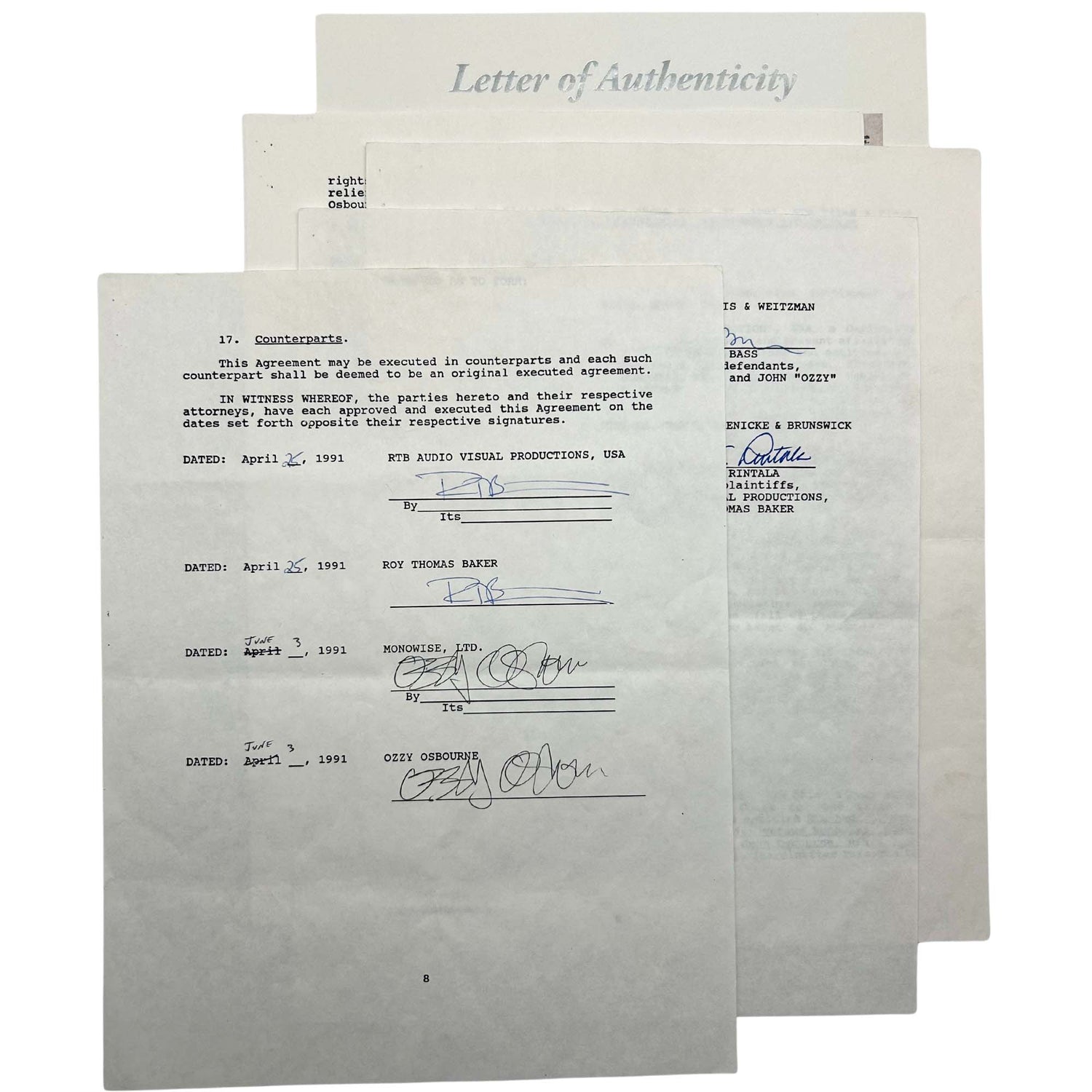 Document Signed By Ozzy Osbourne Front