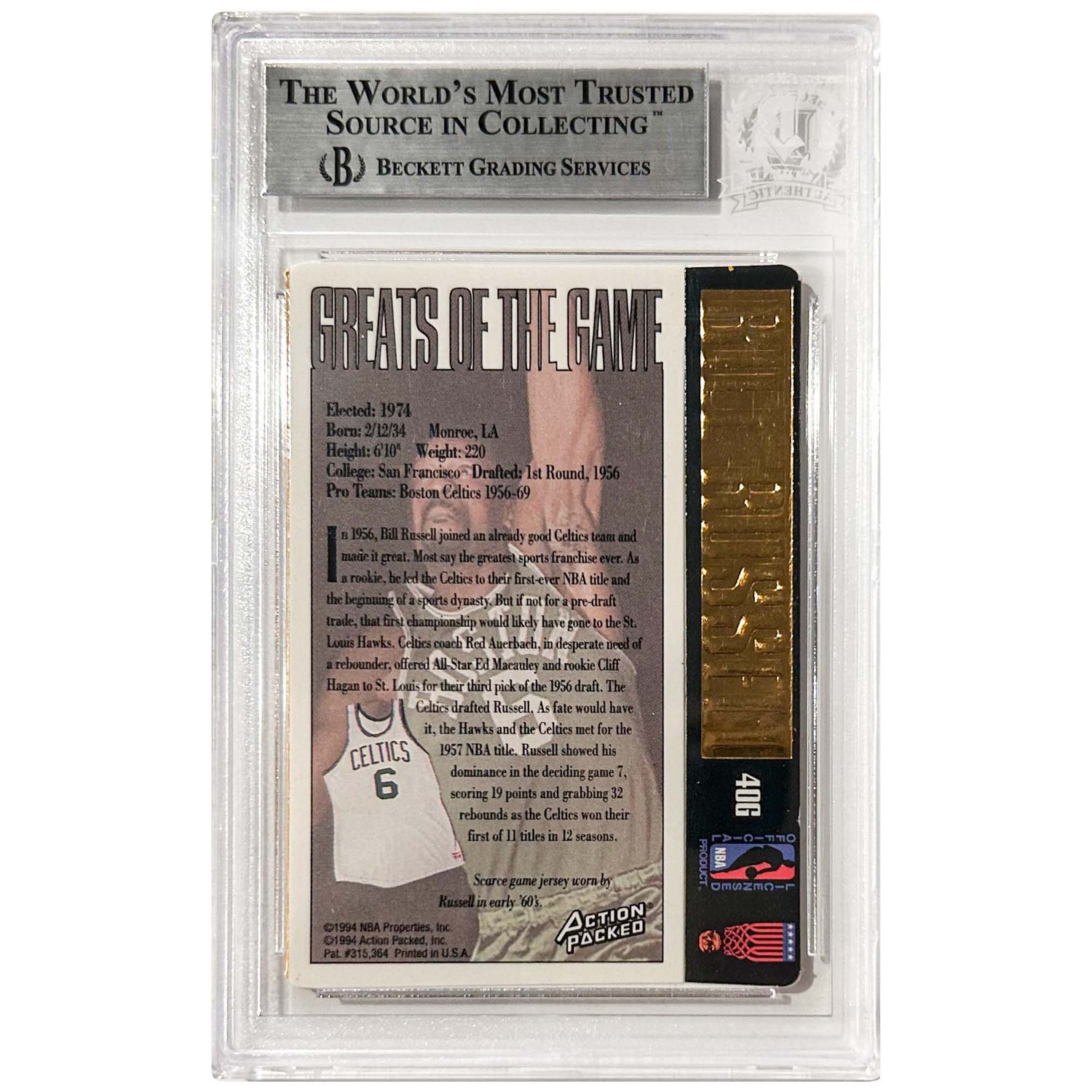 Beckett Authentic - #40 Bill Russell Action Packed Hall of Fame Card Back View