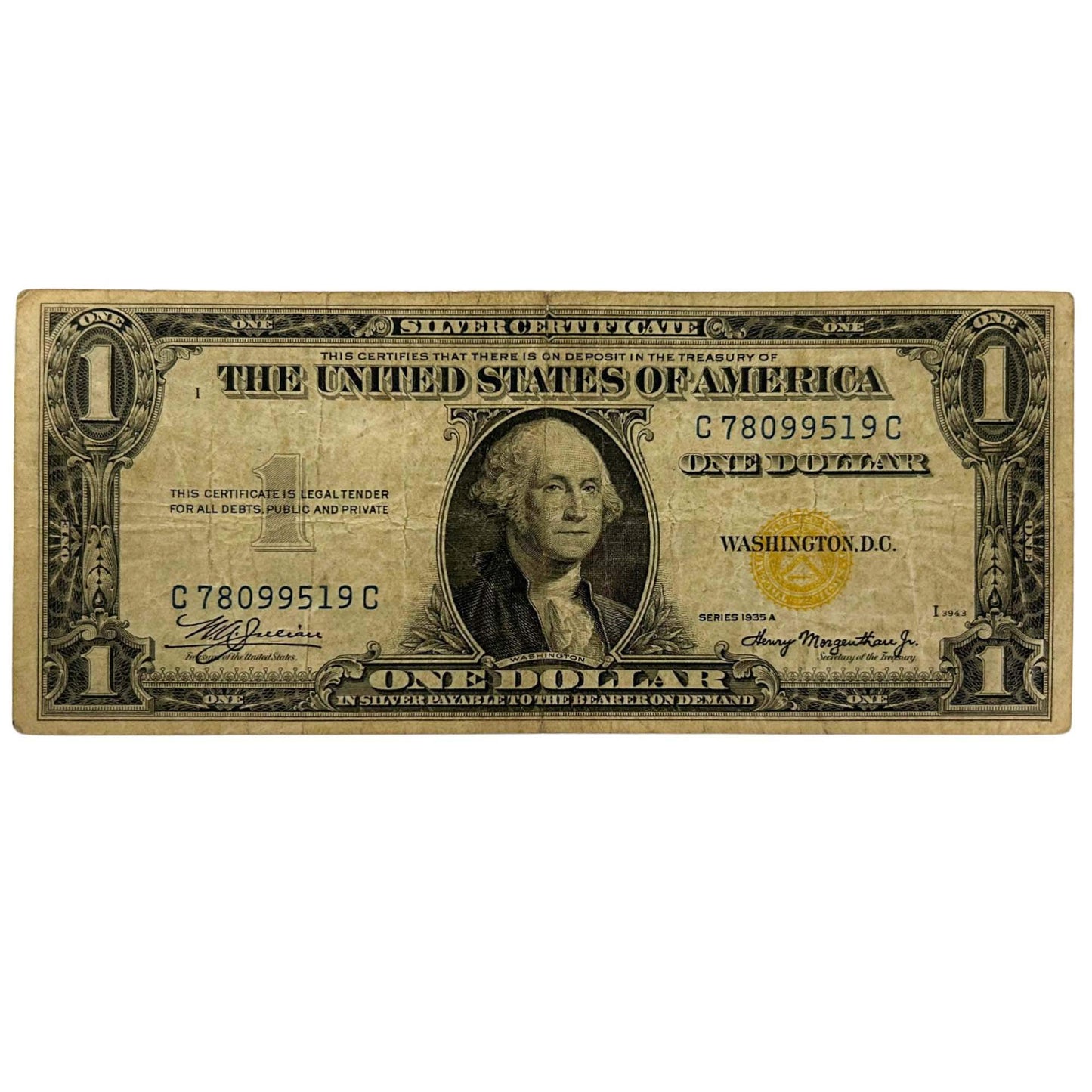 1935-A Series $1 Silver Certificate WWII Emergency Note Yellow Seal