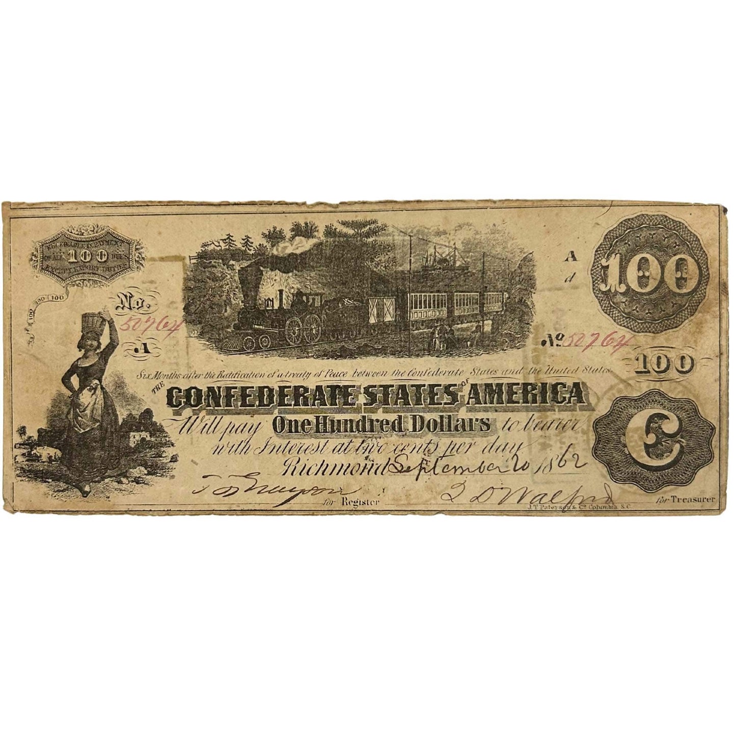 1862 Confederate States of America $100 Federal Reserve Note ZOOM