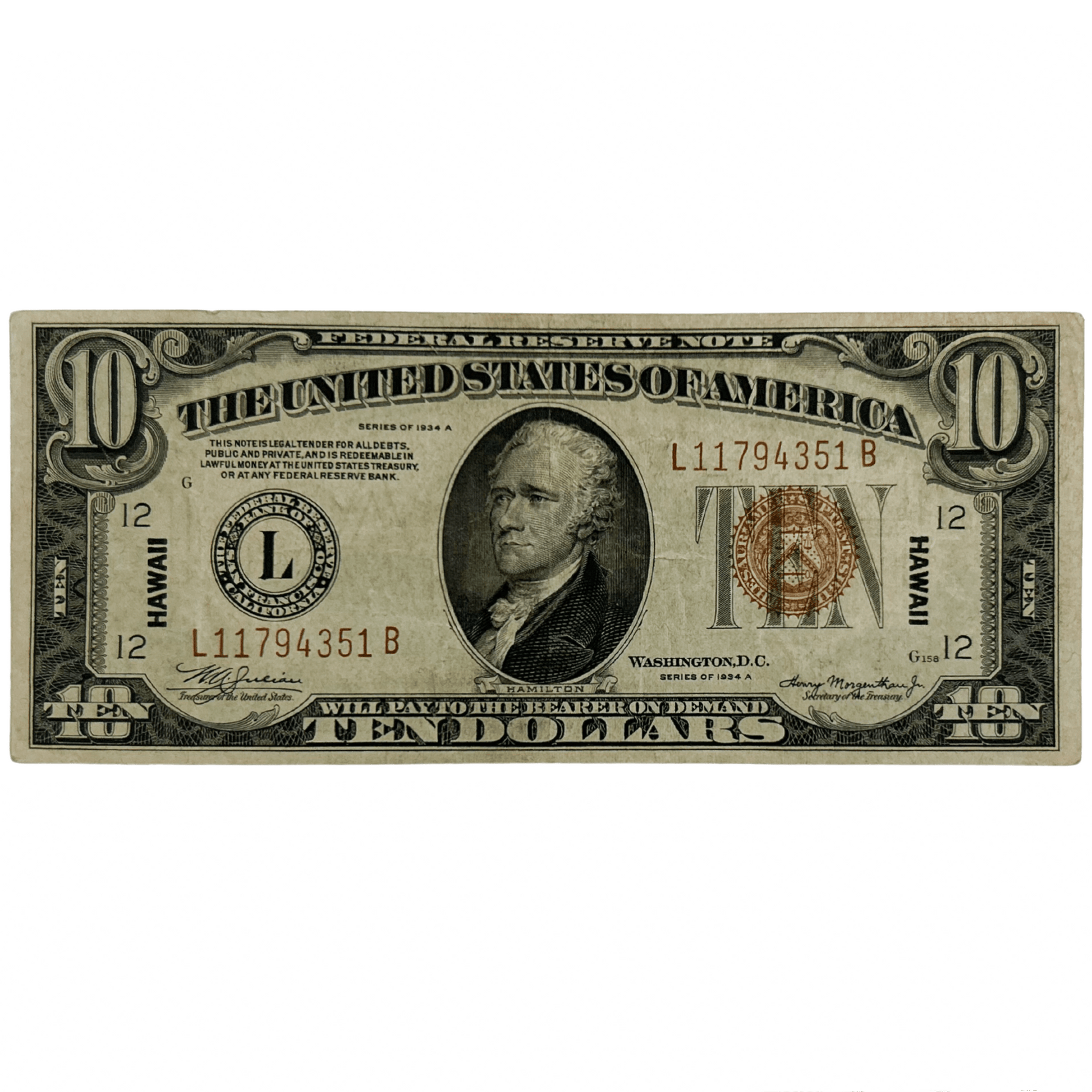 1934A US $10 Hawaii Emergency Note Gold & Silver Pawn Shop GOS189561
