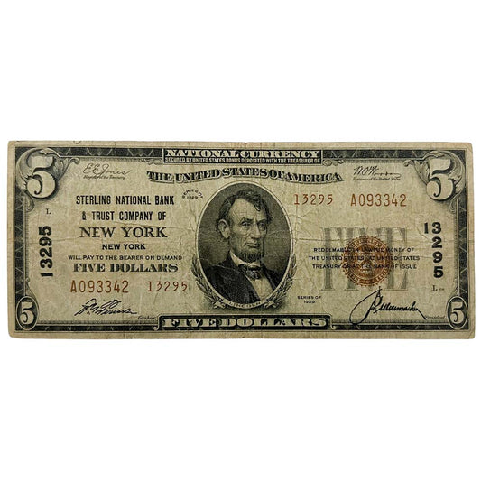 1929 New York National Currency Note $5 Thumbnail